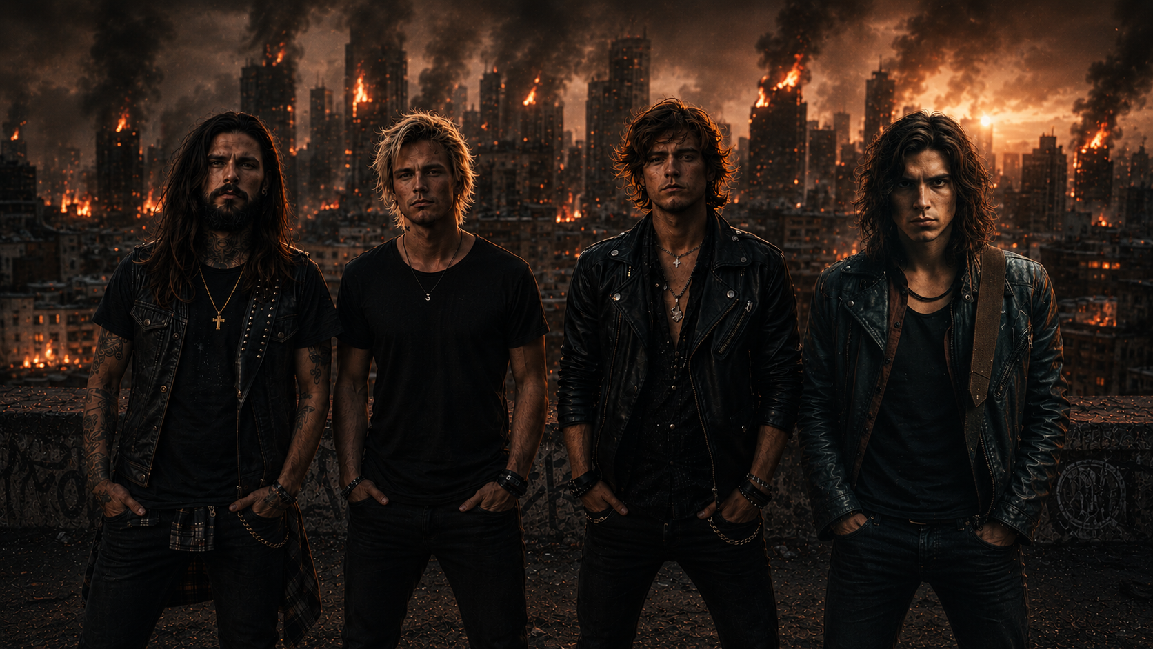 Scarred By Sunrise on a rooftop overlooking a burning city